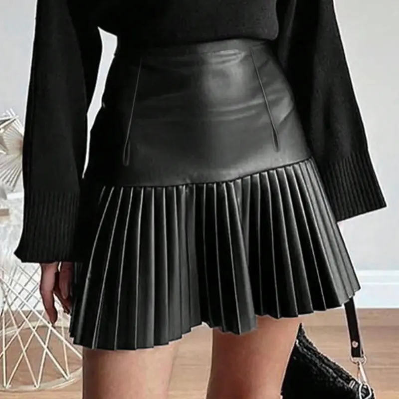 Women's Plain Classic Pleated A-Line Skirt, Casual Versatile High-End PU Leather, Commuter Fashion Suitable for All Seasons