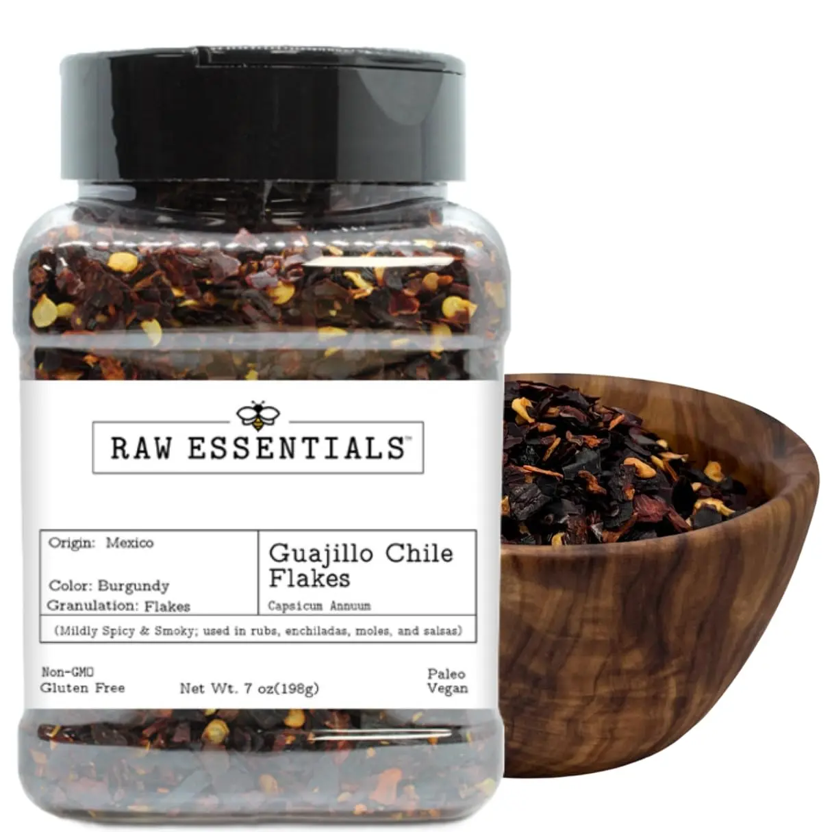 Raw Essentials Guajillo Chile Flakes – Smoky & Mildly Spicy Mexican Pepper for Authentic Flavor – Use in Rubs, Enchiladas, Moles, Salsas & Stews – Non-GMO, Gluten-Free, Paleo, Vegan – 7 Ounce Bottle