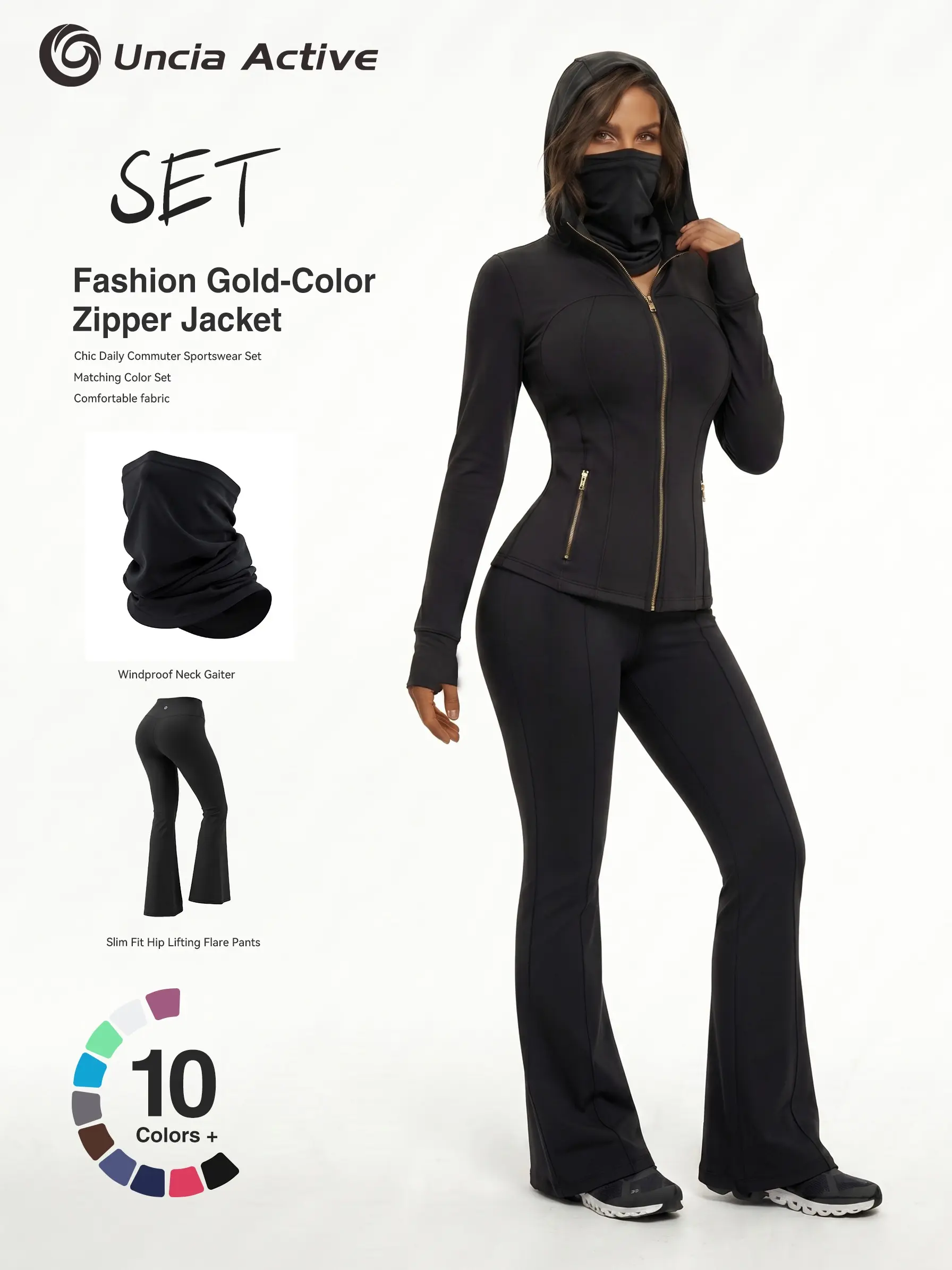 Women Hooded Full‑Zip Sculpt Activewear Outfit, Gold Hardware Fitted Jacket & Hip‑Enhance Flare Pants | Optional Back Waist Zipper, With Windproof Neck Gaiter