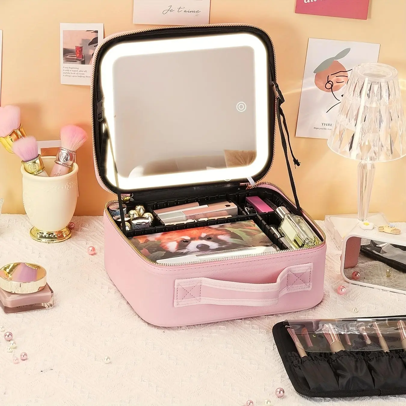 LED Lighted Travel Makeup Case, Illuminated Cosmetic Bag, Makeup Storage Organizer, Vanity Makeup Organizer, with Adjustable Dividers, Portable Organizer for Women, Compact Design, Travel Cosmetic Bags, Makeup Pouch, Travel Essentials