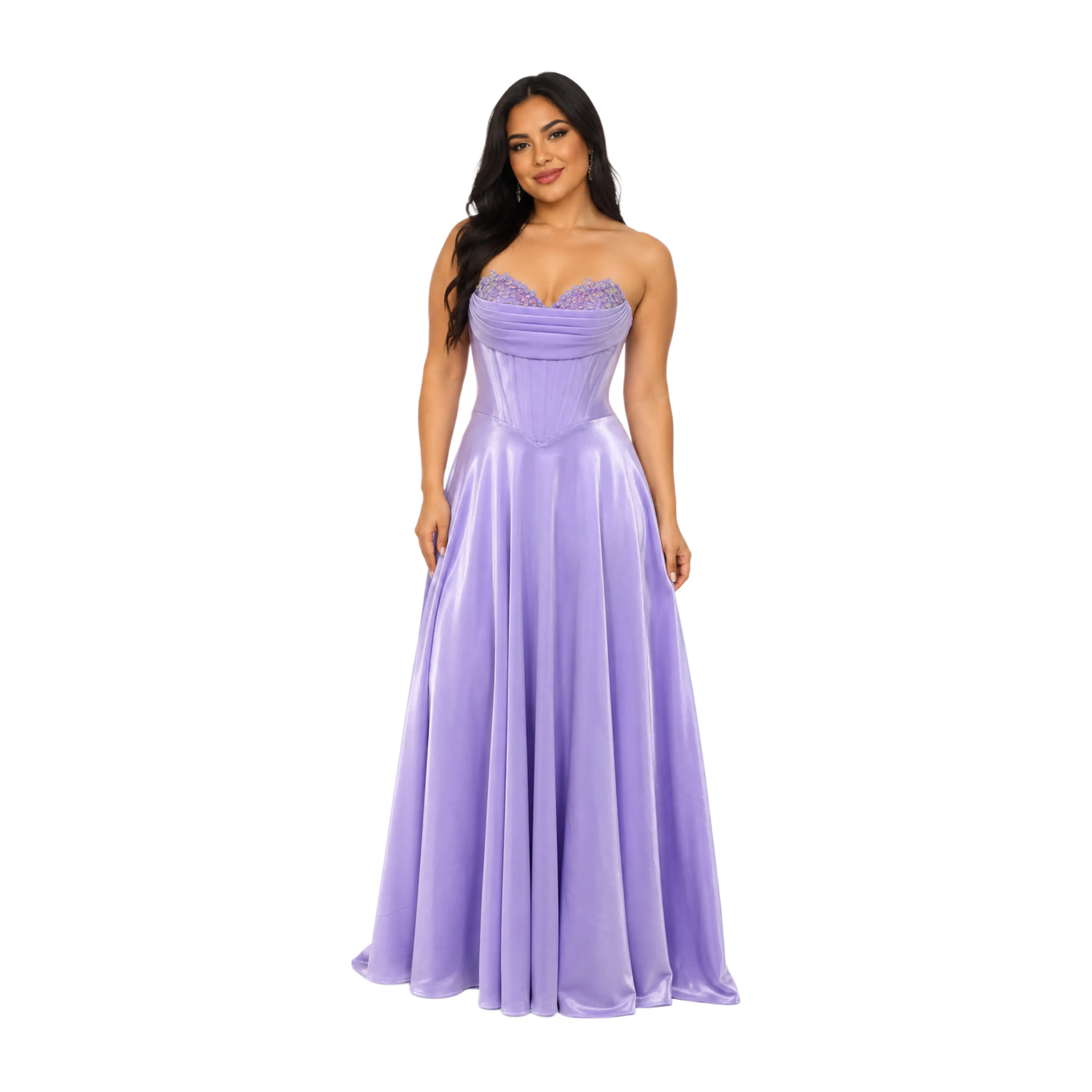 Elegant Lilac Strapless Satin Evening Gown with Structured Corset Bodice, Floral Lace Bust, Ruched Sweetheart Neckline, Flowing A-Line Skirt for Prom, Gala, Wedding Guest, Formal Party & Special Occasions