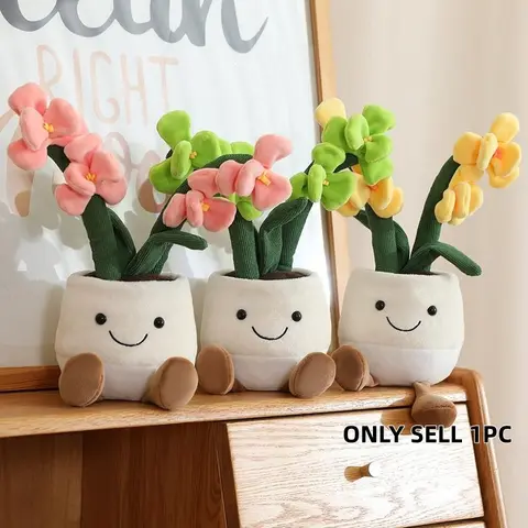 Simulation Orchid Flower Plush Flower Pot Soft Stuffed Plush Doll, 1 Count Cute Plush Flower Pot Doll, Home Decor Birthday Gift, Cute Stuffies