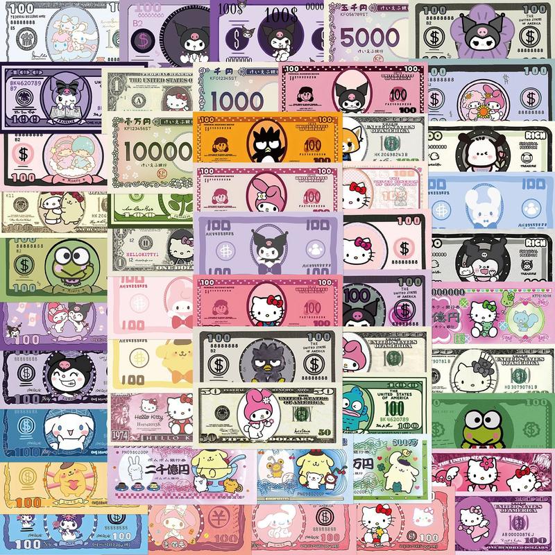Sanrio Stickers 50pcs Adorable Characters on Fun Money Designs for Kids' Collection Includes Hello Kitty My Melody & More Perfect for Decorating and Enhancing Any Collection