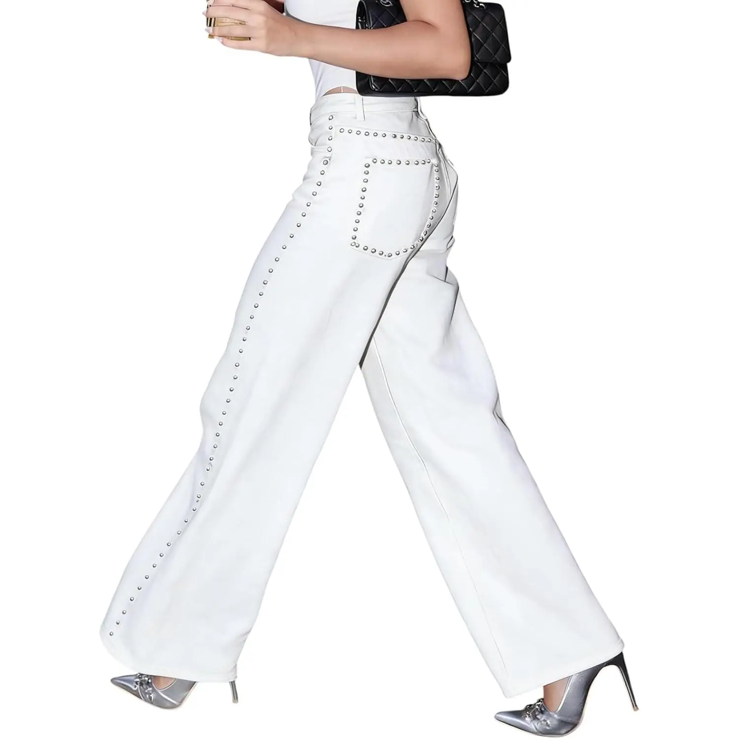 Women's Studded Jeans-Straight Leg Rhinestone High Waisted Pearl Boyfriend Denim Baggy Trousers Street Style