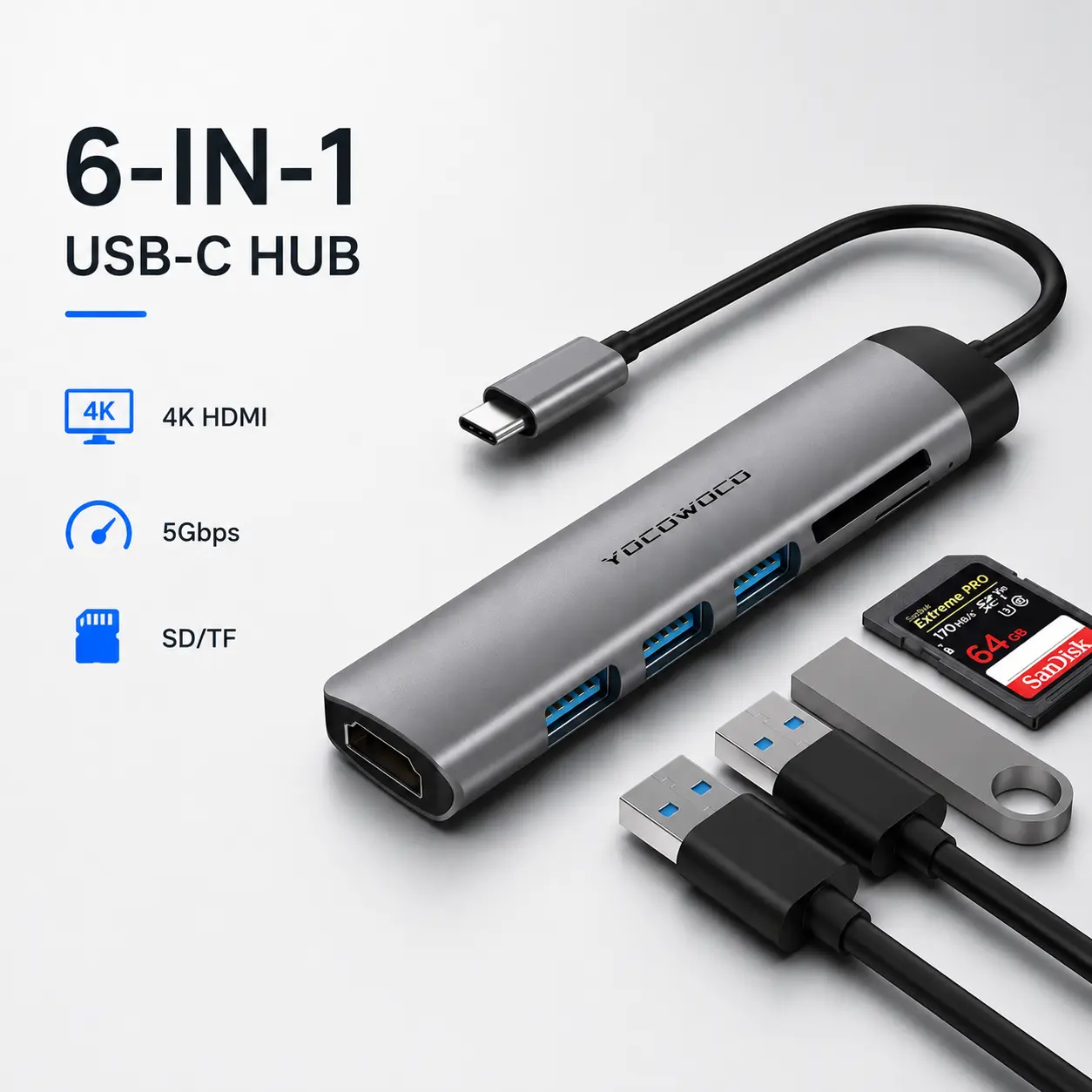 USB C Hub, 6 in 1 USB-C to HDMI Multiport Adapter with 4K HDMI, 3 USB 3.0 Ports and SD/TF Card Reader, USBC Dongle Splitter for MacBook Pro/Air, Laptops, PC, Desktop