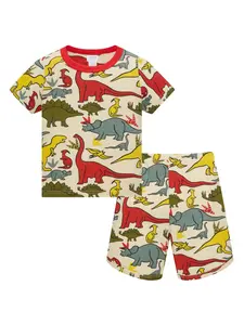 Boys Dinosaur Sleepwear Set, Soft Breathable Kids Pajamas, Baby Short Sleeve Shorts Two-Piece, Casual Home Wear, Dinosaur Pattern