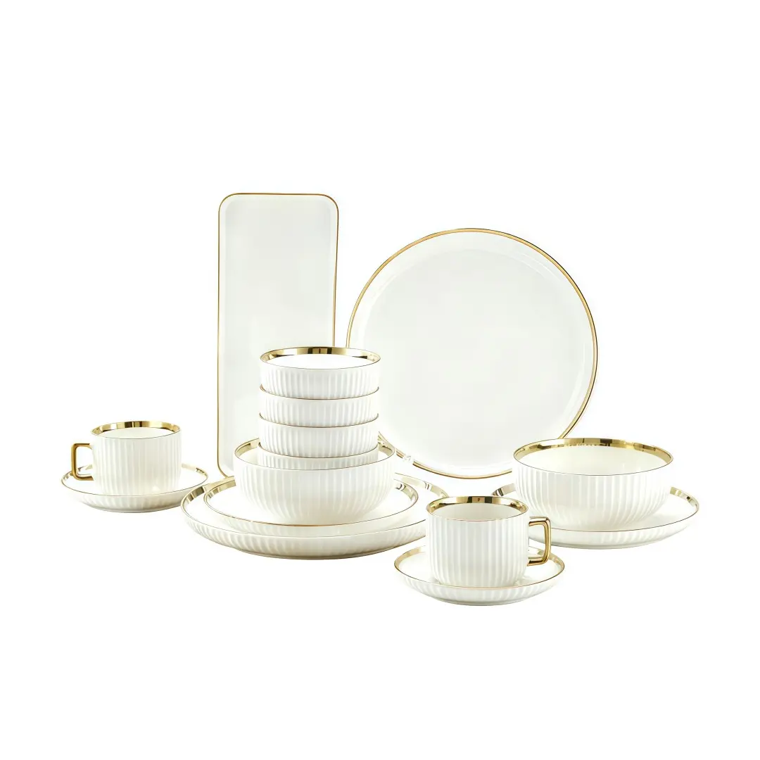 14-Piece Gold Rimmed Porcelain Dinnerware Sets, Porcelain Dishes Set, Dishware Sets, Includes Bowls, Plates, Cups & Saucers, Microwave and Dishwasher Safe, Ideal for Home, Weddings, Hotels, Tableware