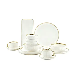 14-Piece Gold Rimmed Porcelain Dinnerware Sets, Includes Bowls, Plates, Cups & Saucers, Microwave and Dishwasher Safe, Ideal for Home, Weddings, Hotels