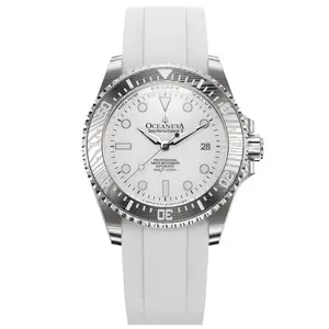 Oceaneva Men's Deep Marine Explorer II - 1250M Swiss Dive Watch with Damascus Steel White Dial & White FKM Rubber Band