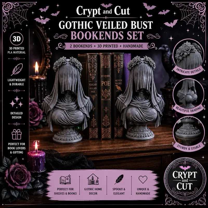 3D Printed Gothic Veiled Bust Bookends Set | Spooky Shelf Decor