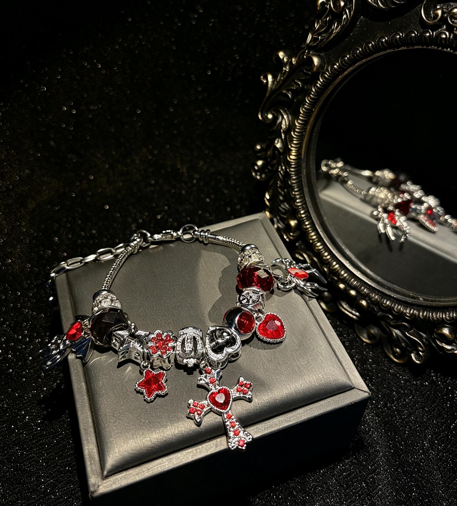 Gothic Red Heart Cross Charm Bracelet, Silver Snake Chain Beaded Bracelet with Spider Star Crystal Charms, Vintage Dark Aesthetic Jewelry Gift for Women