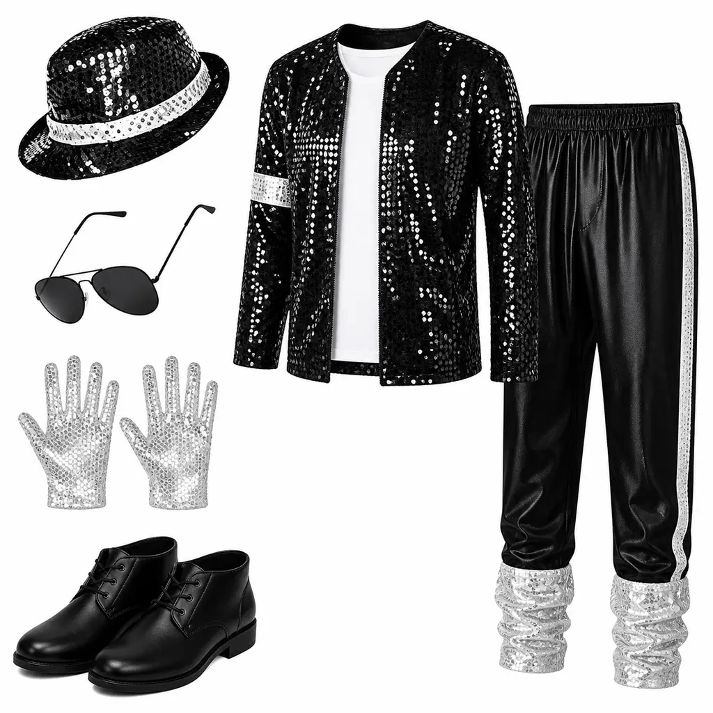 Kids Pop Star Inspired Sequin Performance Costume Set – Black Sparkle Dance Outfit with Hat, Jacket, Pants, T-Shirt, Gloves, Sunglasses & Shoe Covers for Boys and Girls