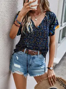 Boho Vintage Floral V-Neck Bell Sleeve Top, Ethnic Print Loose Short Sleeve Shirt, Bohemian Style Casual Wear, Women's Fashion Clothing