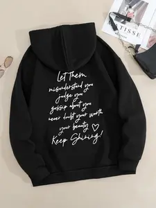 【Plus Size】 Letter Print Drawstring Pocket Hoodie, Casual Pastel Long Sleeve Hooded Sweatshirt for Fall & Winter, Women's Clothing for Daily Wear, Graphic Hoodies, Printed Hoodie