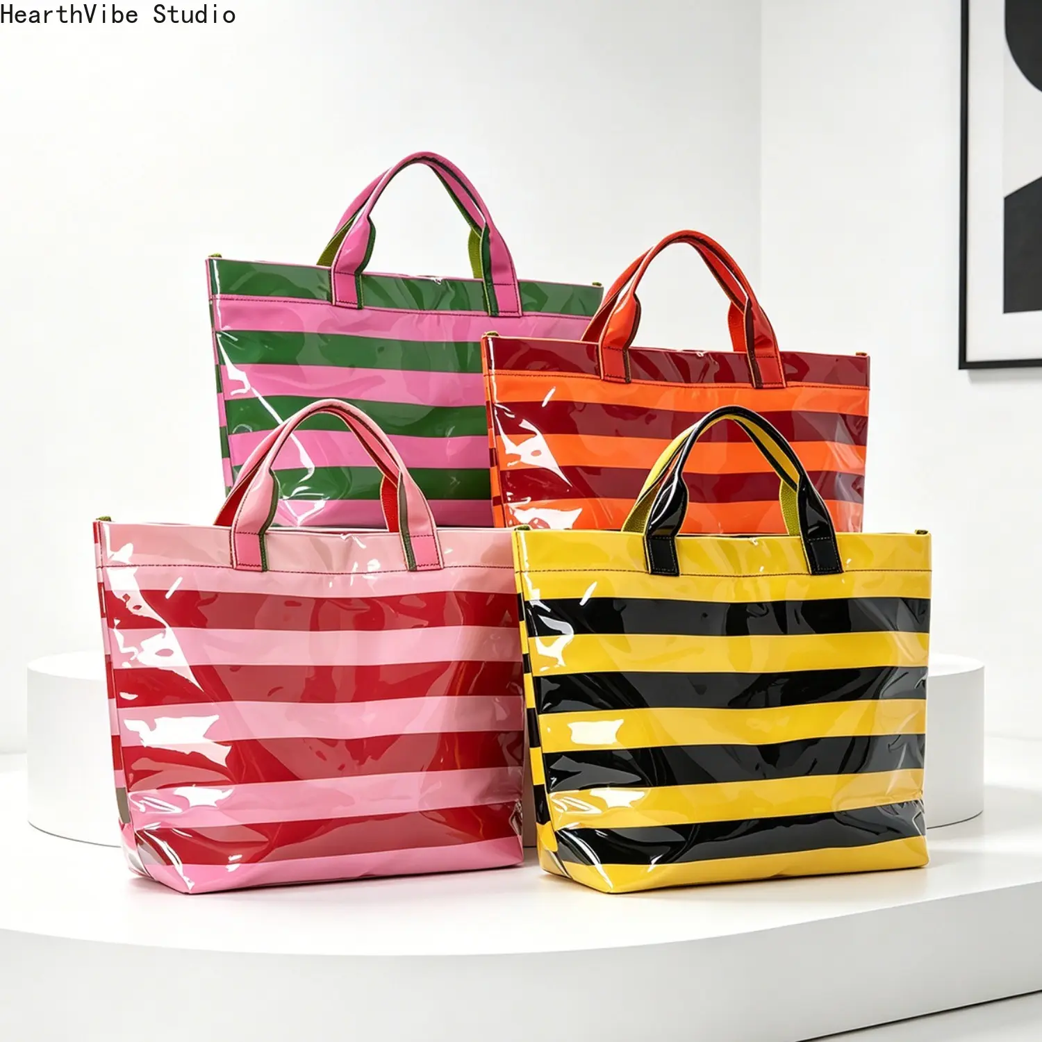 2026 Trendy Glossy PVC Sporty Gym Bag - Waterproof, Large-Capacity Striped Tote, Casual Aesthetic Beach Handbag & Versatile Shoulder Purse for Vacation & Gym, Sporty Gym Bags