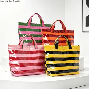 2026 Trendy Glossy PVC Sporty Gym Bag - Waterproof, Large-Capacity Striped Tote, Casual Aesthetic Beach Handbag & Versatile Shoulder Purse for Vacation & Gym, Sporty Gym Bags