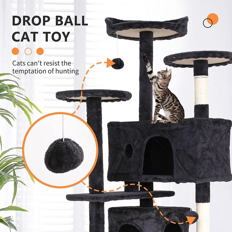 54in Cat Tree Tower, Scratch Posts, Condo, Toys, Dark Gray, Perfect for Active Cats