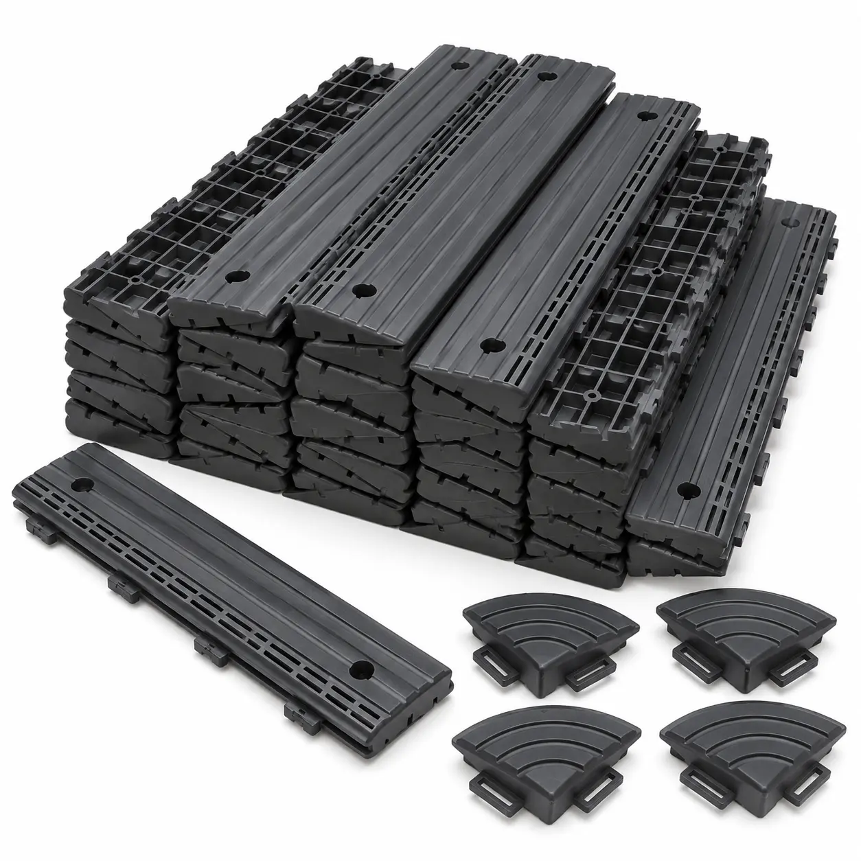 Dark Gray Interlocking Deck Tile Edge Trim Kit, 30 Straight Edge Strips and 4 Corner Pieces, Polypropylene Flooring Accessories for Compatible Patio, Garden, Poolside and Garage Tiles
