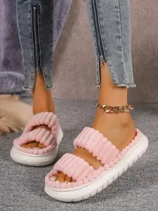 Women's Cozy Plush Slippers with Cute Straps, Easy to Wear and Non-Shedding, Lightweight Soft Sole for Indoor Home & Bedroom Use Footwear