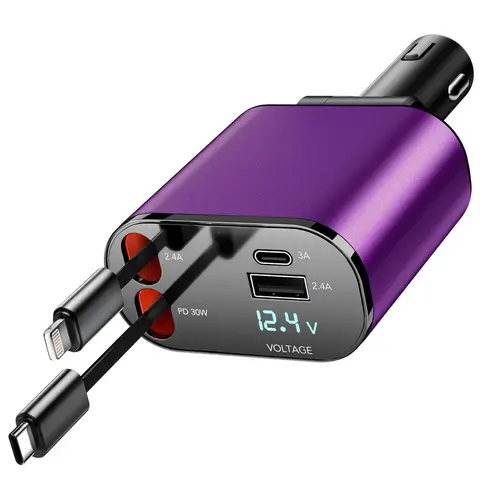66W Fast Charging Multifunctional USB-C Car Charger - 4-In-1 Dual-Port Mobile Charger with 2 Retractable Cables, Compatible with iPhone/Android (Car Accessories), Multifunctional Charger, Fastcharging