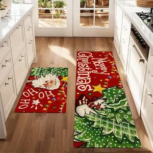 2Pcs Christmas Santa Claus And Christmas Tree Floor Mat Set Cartoon Pattern Rug Farmhouse Kitchen Rug Dining Room Flooring Laundry Room Decor Carpet Mat
