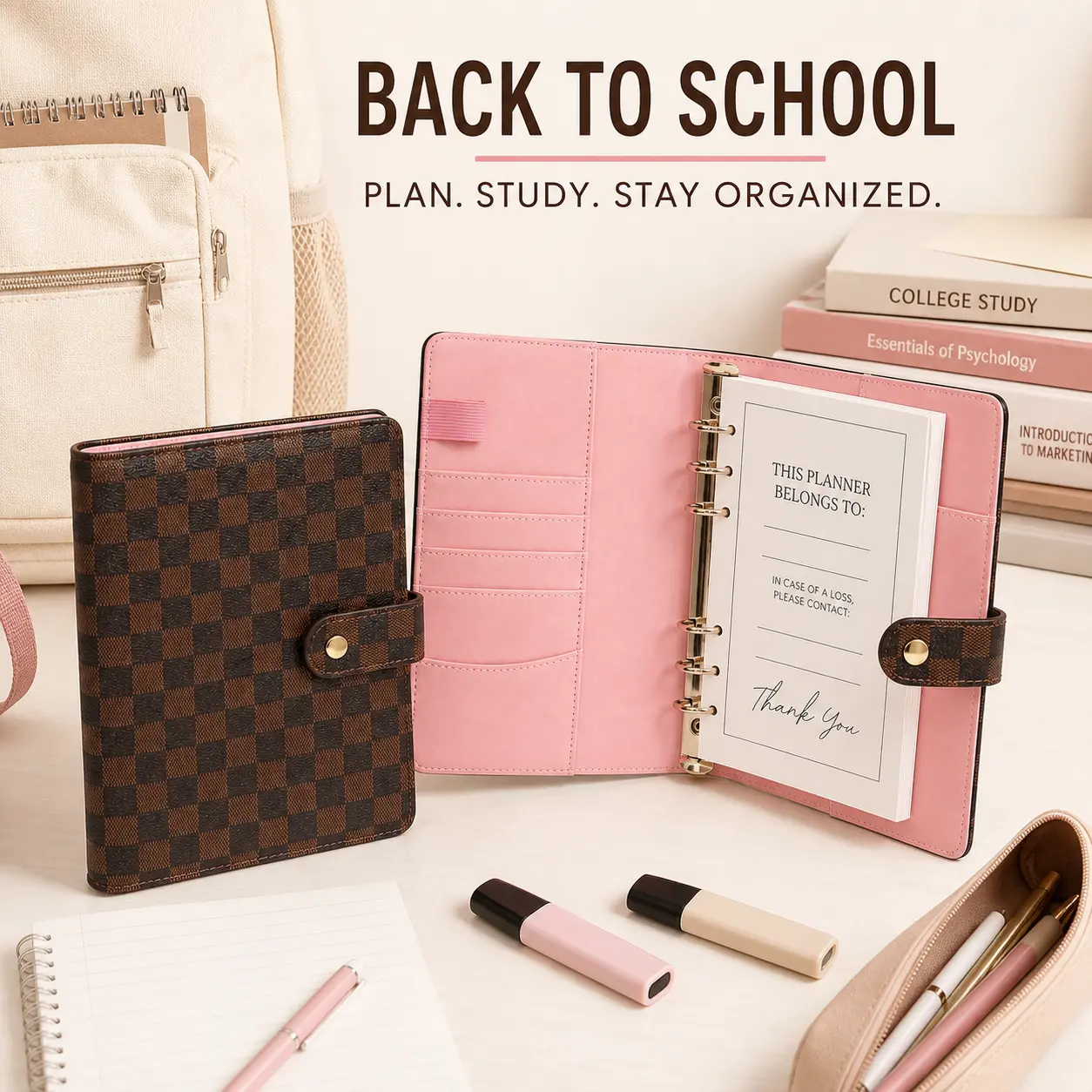 Back to School A5 PU Leather 6-Ring Binder Planner, Refillable Undated Student Journal with 80 Grid Pages, Card Slots, Pen Loop & Snap Closure, Academic Notebook for College Classes, Study Notes, Assignments, Budgeting & Daily Planning