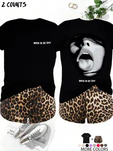 Women's Halloween Themed Letter Print Tee & Leopard Print Shorts Two-piece Set, Casual Round Neck Short Sleeve Loose T-shirt & Skinny Shorts, Ladies Summer Clothes, Bottoms, Womenswear, Black Top, Fit