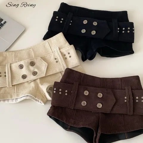 SR.singreiny Women's Retro H-Type Low-Rise Corduroy Short Shorts - Drop Waist, Button Sash, Fitted, Above-the-Knee, Zip, Chic Streetwear Summer Going-Out Bottoms