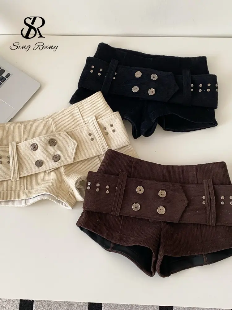 SR.singreiny Women's American Retro Corduroy Shorts - Low-Rise Drop Waist with Button Sash, Vintage Summer Streetwear, Shorts For Women, Vibe, Bottom, Women's Fashion