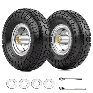 【AAA】4.10/ 3.50-4 Inch Run-flat Tire and Wheel, 10 Inch Heavy Duty Solid Tire, 5/ 8 Inch Axle Hole, 2.2 Inch Offset Hub, Suitable for Wheelbarrow, Garden Cart, Trolley, Cart Replacement Parts