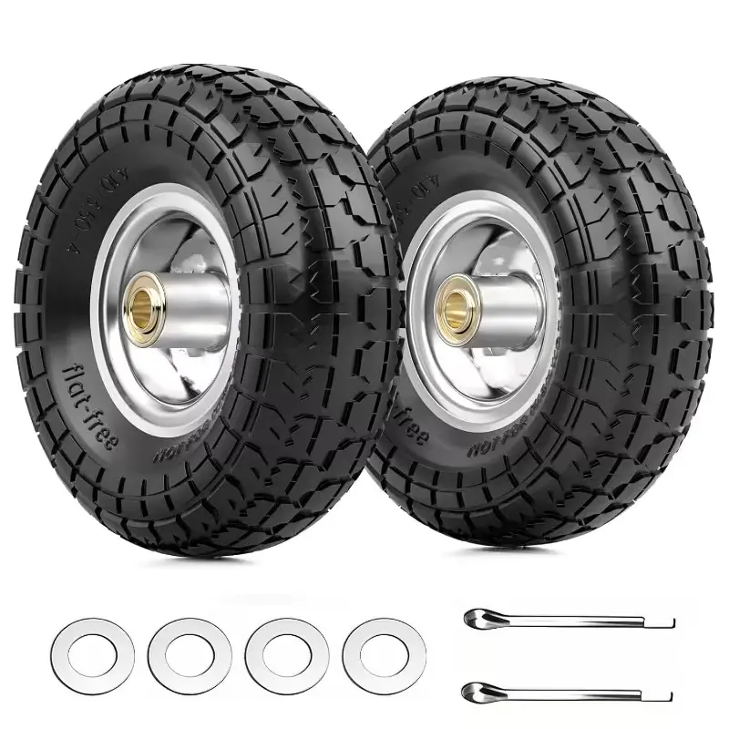 【AAA】4.10/ 3.50-4 Inch Run-flat Tire and Wheel, 10 Inch Heavy Duty Solid Tire, 5/ 8 Inch Axle Hole, 2.2 Inch Offset Hub, Suitable for Wheelbarrow, Garden Cart, Trolley, Cart Replacement Parts