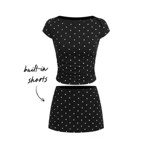 Cider Cotton-blend Boat Neck Polka Dot Ruched Tee & Mini Skort