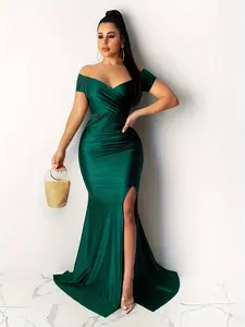Women's Sexy One Shoulder Evening Dress, Elegant V Neck Short Sleeve Bodycon Gown, Formal High Slit Wedding Guest Attire Sy1009