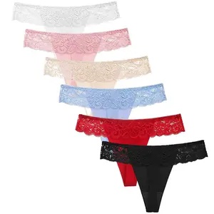 6 Pcs Seamless Lace Thong (Women's Plus Size) Breathable Panties Low Waisted T Back Stretchy Cotton No Show Underwear Soft Everyday