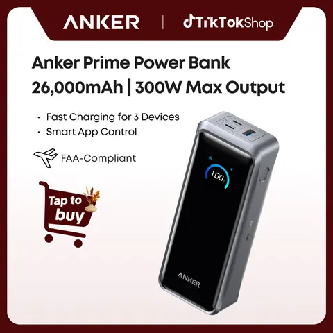 Anker Prime Chargeable Mobile Battery Power Bank, 300W Max 26250mAh 3-Port TSA-Approved USB C Charger, 2-Way Fast Charging, App Control, EDC Gear for Smartphone, MacBook, iPhone 17/16 (Base Not Included)