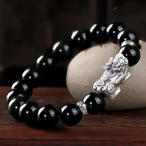 999 Fine Silver Pixiu Beaded Bracelet, Agate & Obsidian Lucky Bracelet for Men Women, Wealth-Attracting Fengshui Jewelry