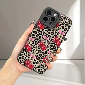 Leopard-Print Cherry Pattern Full-Coverage Shockproof Phone Case Compatible with iPhone 17/16/15/14 Pro and Samsung S25/24/23/22 Series Protection Smartphone Protector Protective designer phone cases
