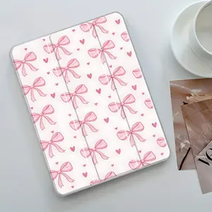 Kawaii Pink Bow Heart Design iPad Casing, Tablet casing, Transparent Acrylic Hard Back Panel With Pencil Slot, Suitable for Ipad mini pro air, Scratch-resistant Ultra-thin Protective Case, Shock-resistant Full Cover Suitable for Offices Schools and Homes