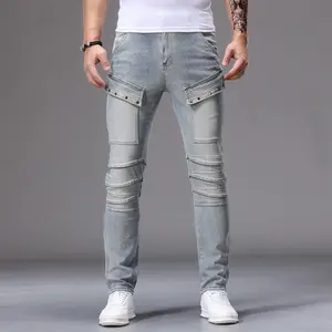 New Slim Fit Stretch Denim Jeans for Men, Patchwork Biker Hip-Hop Vintage Distressed, Trendy Brand Skinny Pants, Stylish & Versatile