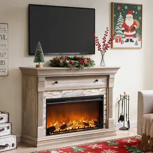 REDLEMON 52" Rustic TV Stand – Electric Fireplace Mantel with 36" Freestanding Heater, Storage Cabinets, Remote-Controlled 3D Flame Effects