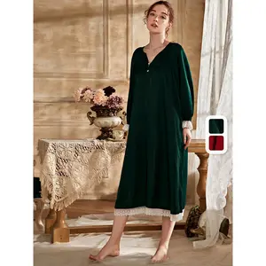 Lace Trim Button Front Nightdress, Long Sleeve Notch Neck Sleep Dress, Women's Sleepwear & Dresses