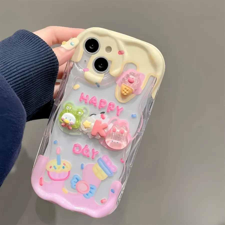 Cute 3D Cartoon Phone Case For iPhone 17 15 14 Pro Max 16 16E 12 11 Pro 7 8 Plus XR XS X SE , Kawaii Happy Day Ice Cream Rabbit Clear Soft Cover, Tpu Smartphone Casing, Shockproof Protective Case for Girls Women Smartphone Accessories