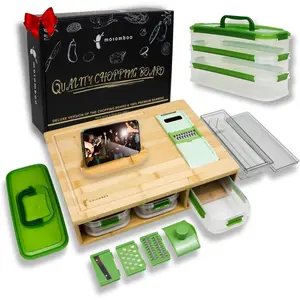 Bamboo Cutting Board with Containers, Large Smart Cutting Board Set with Stackable Containers, Built-in Graters and Locking Lid, Meal Prep Station, Chopping Board Set, Housewarming Gifts