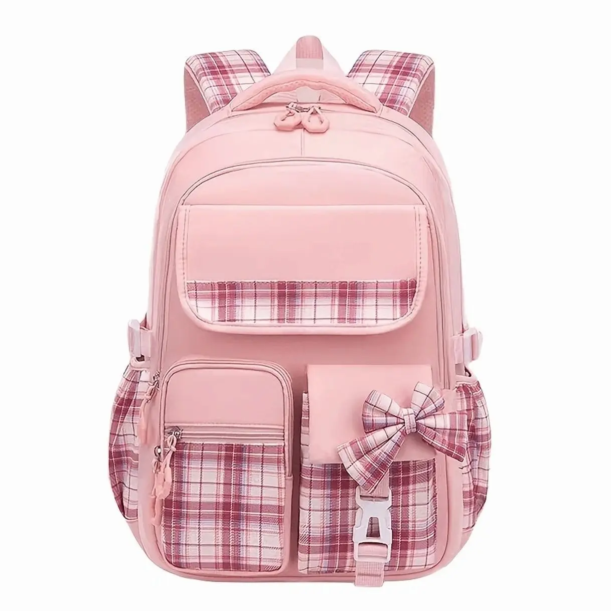 Casual Plaid School Backpack, Lightweight Durable Student Bag With Bow Accent, Large Capacity Laptop Daypack For Travel And Campus