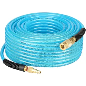 Reinforced Polyurethane Air Hose 1/4" Inner Diameter by 100' Long, Flexible, Heavy Duty Air Compressor Hose with Bend Restrictor, 1/4" Swivel Industrial Quick Coupler and Plug, Blue