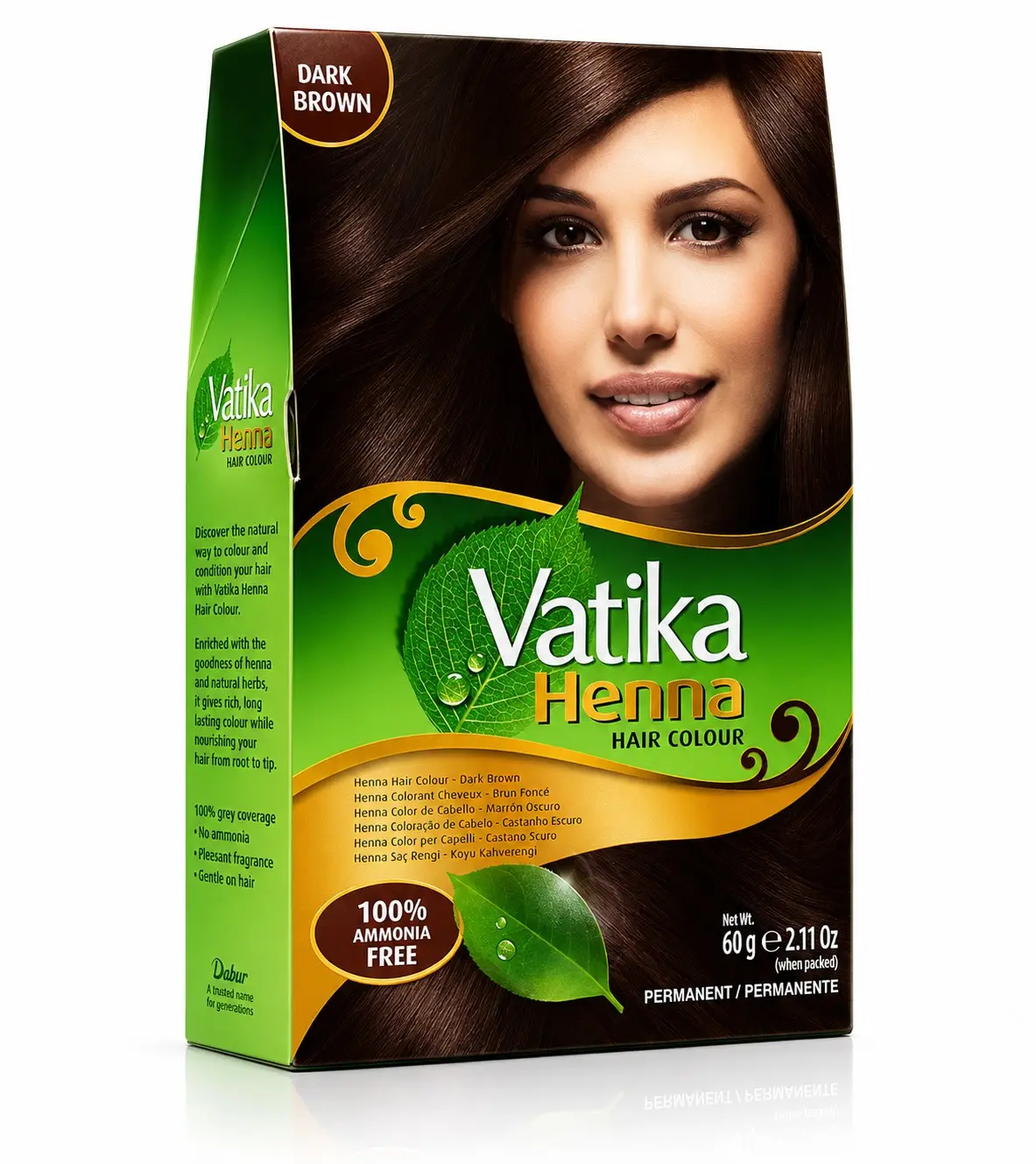 Vatika Naturals Permanent Hair Dye Dark Brown 6 Sachets x 10g – Ammonia-Free With Natural Henna, Grey Coverage, Nourishing Herbal Blend, Long-Lasting Hair Color for Soft, Shiny Results 60g (Pack of 1 / 3 / 6)