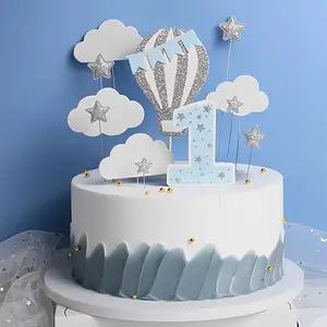 Creative hot air balloon stars and clouds one-year-old cake topper, baby's first birthday party decoration insert