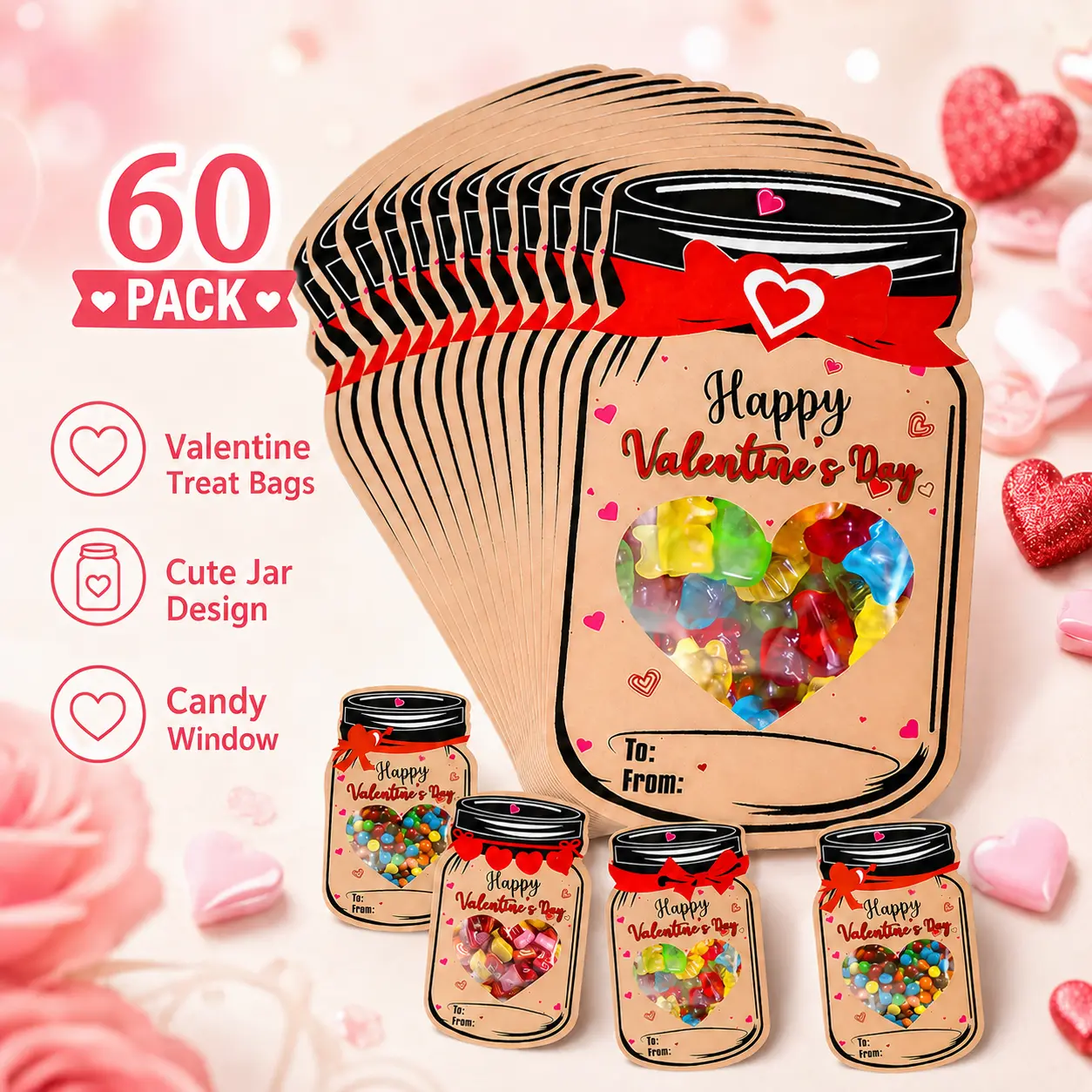 Valentines Day Cards for Kids - 60 Pack Mason Jar Valentine Gifts Cards - Funny Valentines Exchange Cards for School Class Classroom Party Favors (Candy Not Included)