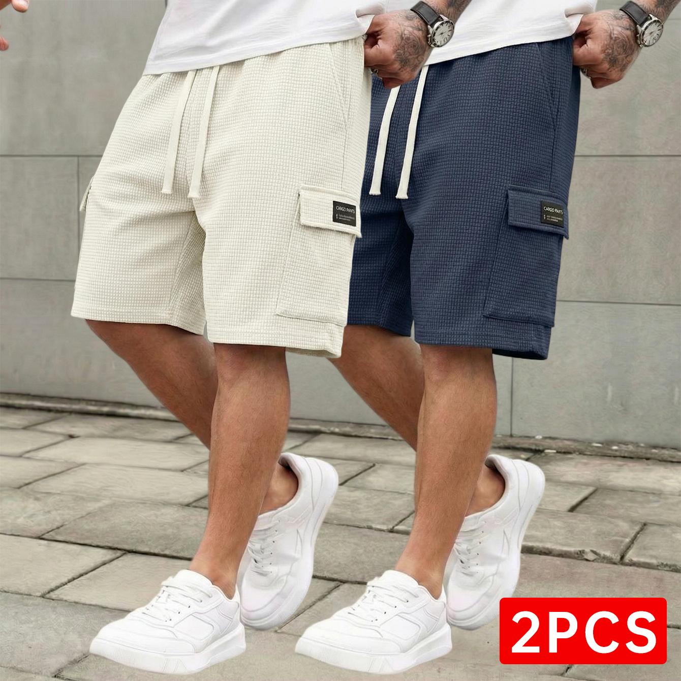 3-pack men’s waffle fabric casual cargo shorts with drawstring waist, available in multiple colors, suitable for summer streetwear outfits
