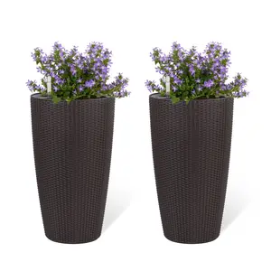 ARCH Set of 2 Faux Rattan Tall Planters Outdoor Indoor Large Planters with Water Level Monitor Inner Bucket, Automatic Watering, Flower Plant Pots for Garden, Patio, Porch, Backyard (Brown, 22 inch )